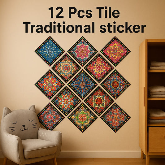 12-Piece Traditional Tile Wall Sticker Set – Self-Adhesive Decorative Wall Decals